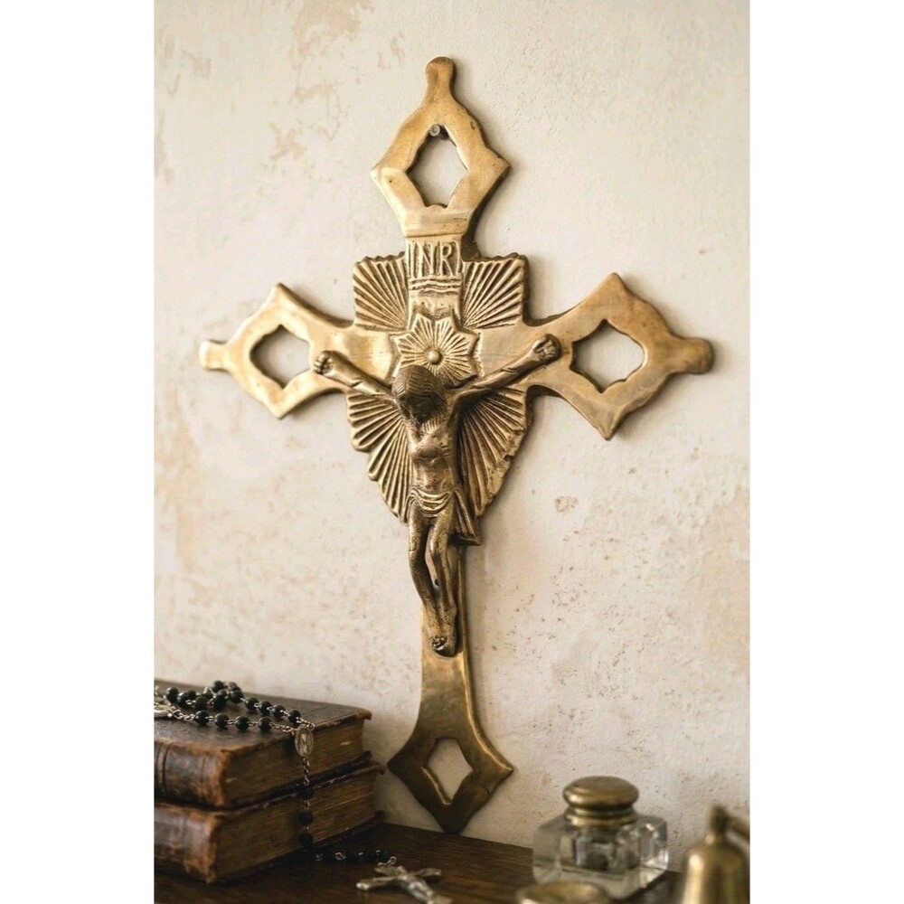 JESUS CHRIST Holy Cross Inri Wall Crucifix Large 11" Full Brass Antique Vintage
